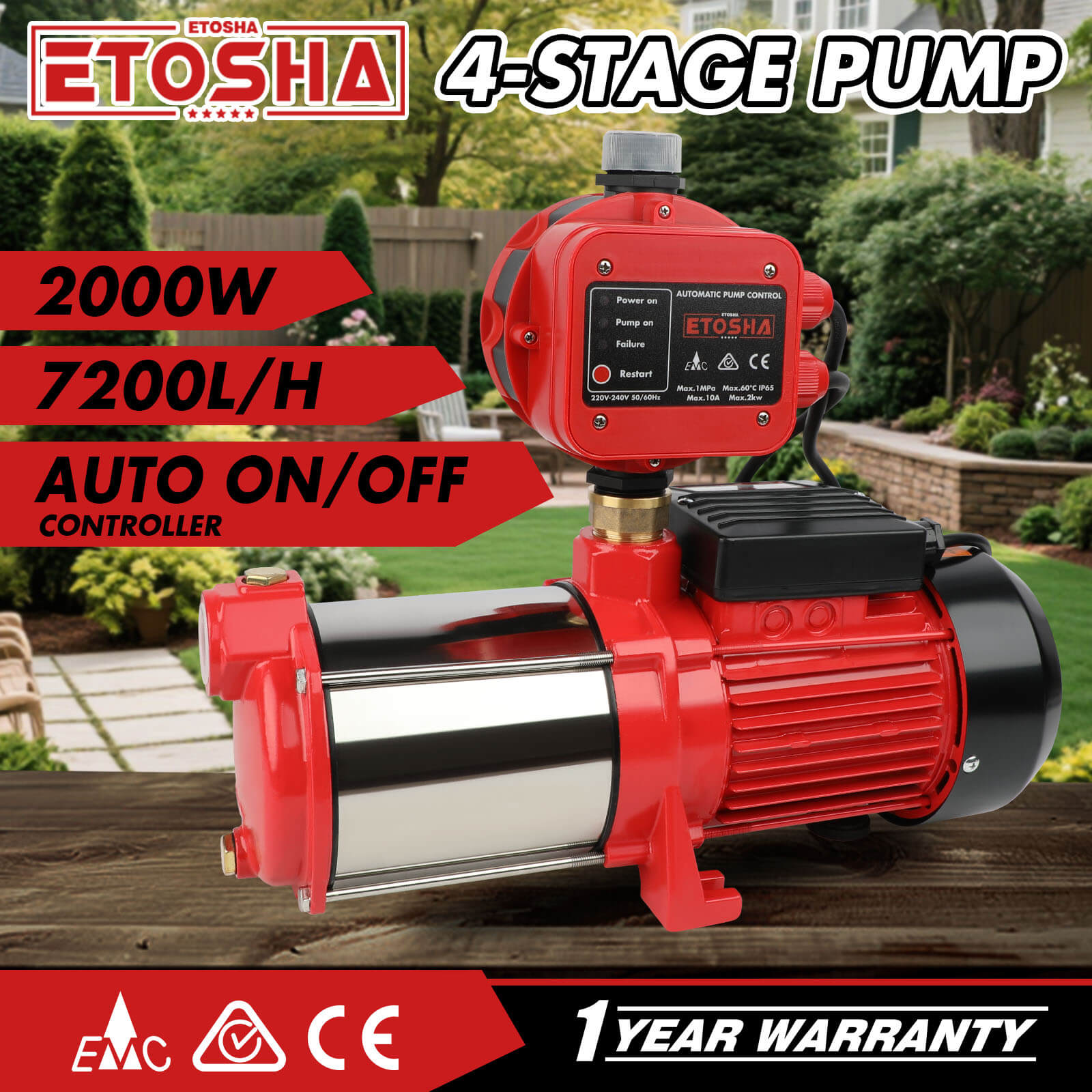 Irrigation Pumps: ETOSHA 2000W Garden Water Pump High Pressure 4-Stage Tank Irrigation Water Pump