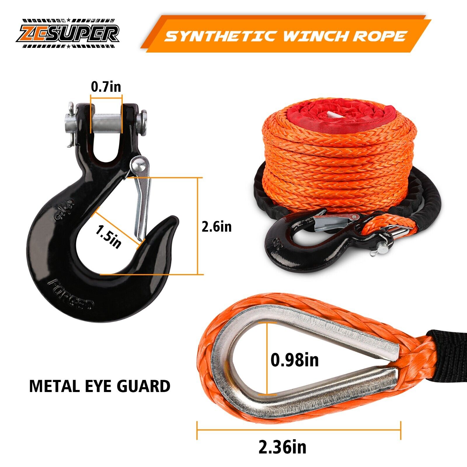 Automotive Repair & Speciality Tools: ZESUPER Winch Rope 9.5MM X 30M Dyneema SK75 Hook Synthetic Car Tow Recovery Cable Hook