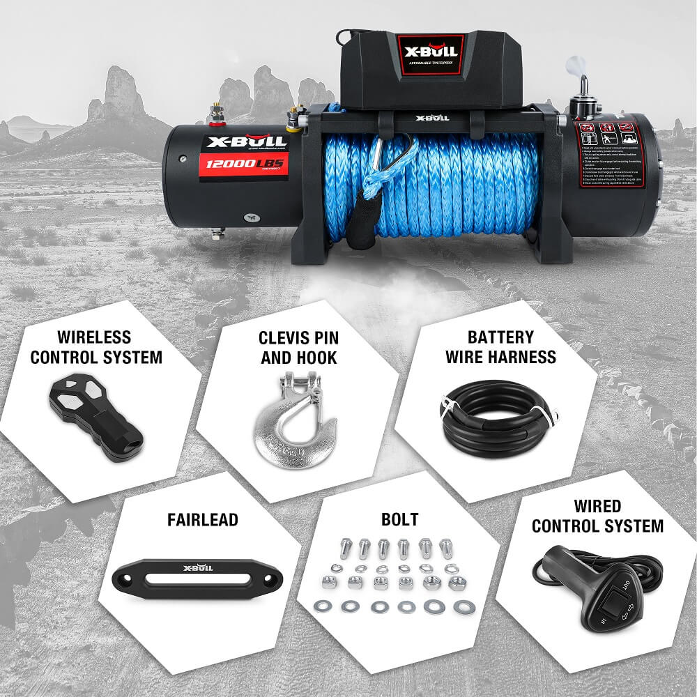 4WD Recovery Tools: X-BULL 12000LBS Electric Winch 12V 4x4 synthetic rope 4WD Car with winch mounting plate