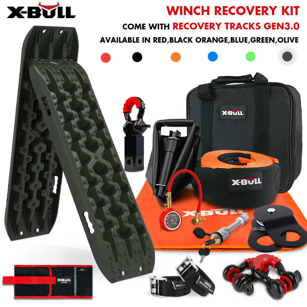 Automotive Parts: X-BULL Winch Recovery Kit with Recovery Tracks Boards Gen 3.0 Snatch Strap Off Road 4WD Olive
