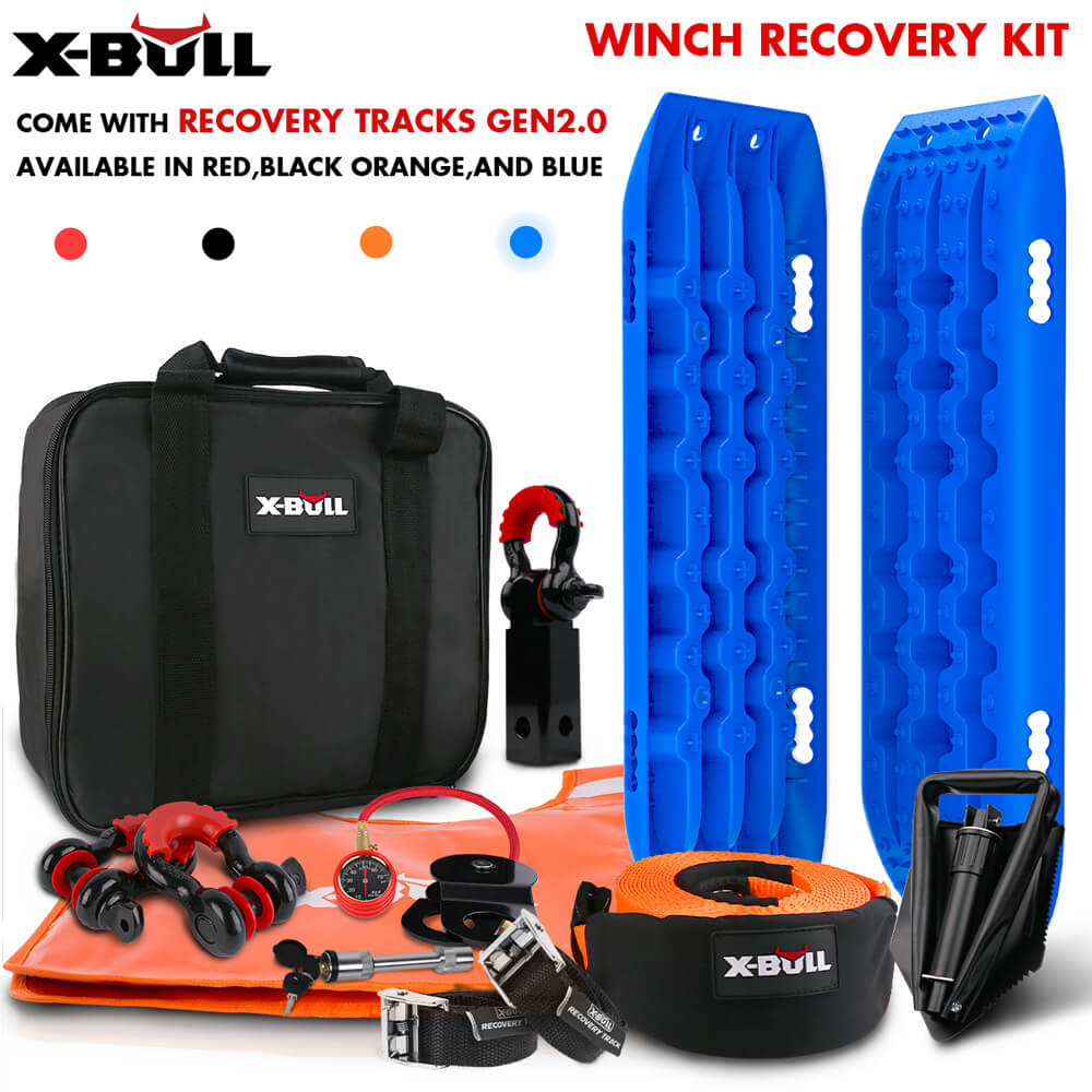 4WD Recovery Tools: X-BULL Winch Recovery Kit Snatch Strap Off Road 4WD with Recovery Tracks Gen 2.0 Boards Blue