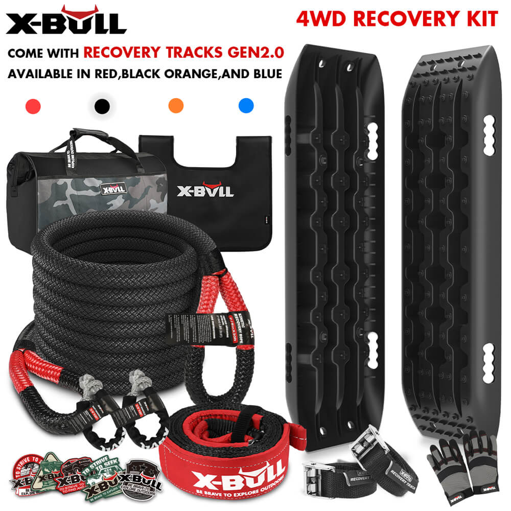 4WD Recovery Tools: X-BULL 4X4 Recovery Kit Kinetic Recovery Rope Snatch Strap With 2PCS Recovery Tracks 4WD Gen2.0 Black