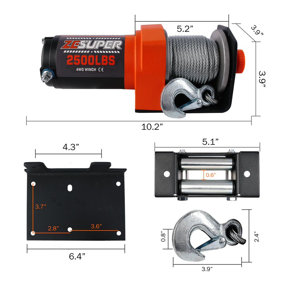 4WD Recovery Tools: ZESUPER Electric Winch 2500LBS/1134KG 12V 15.2M Steel Cable ATV UTV 4WD 4X4 Boat