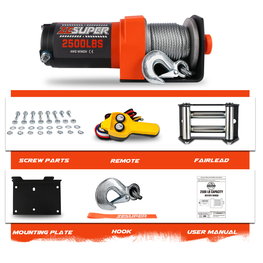 4WD Recovery Tools: ZESUPER Electric Winch 2500LBS/1134KG 12V 15.2M Steel Cable ATV UTV 4WD 4X4 Boat