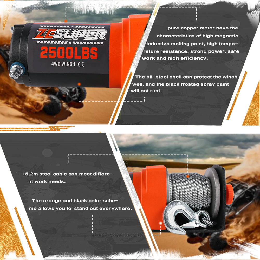 4WD Recovery Tools: ZESUPER Electric Winch 2500LBS/1134KG 12V 15.2M Steel Cable ATV UTV 4WD 4X4 Boat