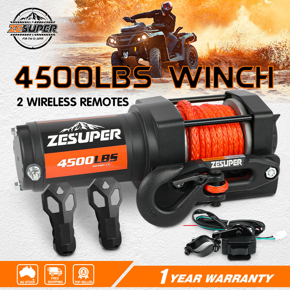 ZESUPER 4500lb Electric Winch 12V Synthetic Rope Boat Winch ATV Winch Kit Boat Winch UTV 4WD Wireless RemoteX2 Black