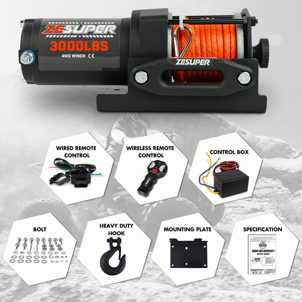 Automotive Parts: ZESUPER 12V Electric Winch 3000lbs Synthetic Rope Wireless Remote ATV UTV BOAT