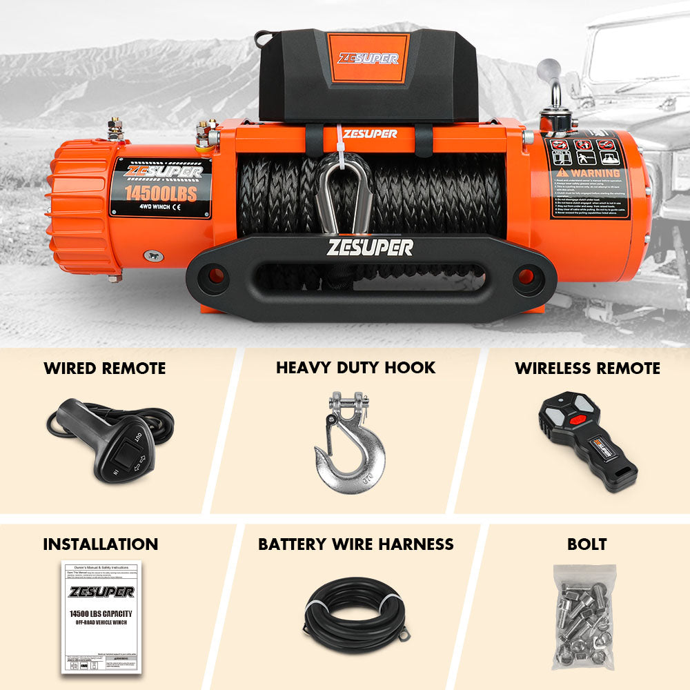 Automotive Parts: ZESUPER 12V Electric Winch 14500lbs Synthetic Rope Wireless Remote ATV UTV 4WD