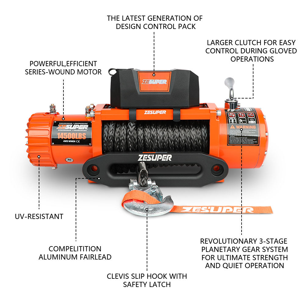 ZESUPER 14500lbs Electric Winch 12V Synthetic Rope Wireless Remote 4X4 4WD Car