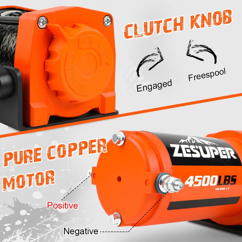 4WD Recovery Tools: ZESUPER 12V Electric Winch 4500lb Synthetic Rope Boat Winch ATV Winch Trailer Winch 4WD