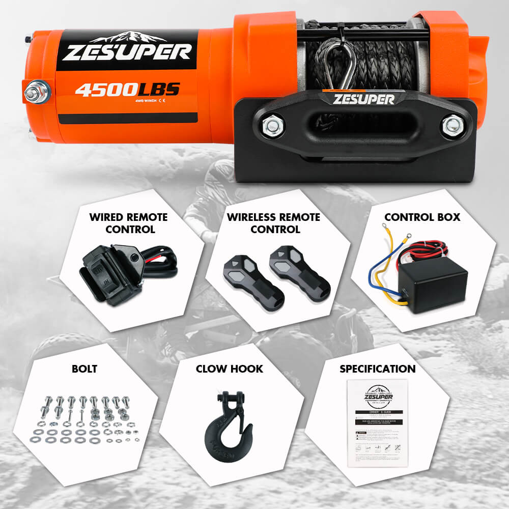 ZESUPER 4500lb Electric Winch 12V Synthetic Rope Boat Winch ATV Winch Kit Boat Winch UTV 4WD Wireless RemoteX2 Orange