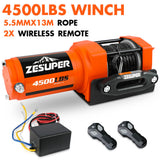 ZESUPER 4500lb Electric Winch 12V Synthetic Rope Boat Winch ATV Winch Kit Boat Winch UTV 4WD Wireless RemoteX2 Orange