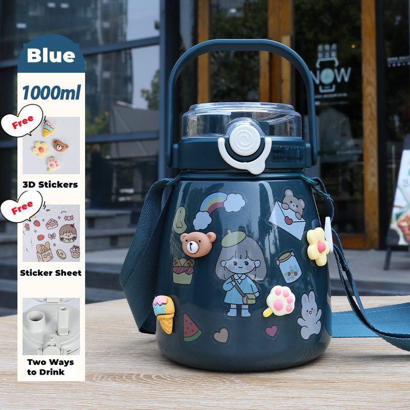 Drinkware: 1000ml Large Water Bottle Stainless Steel Straw Water Jug with FREE Sticker Packs (Blue)