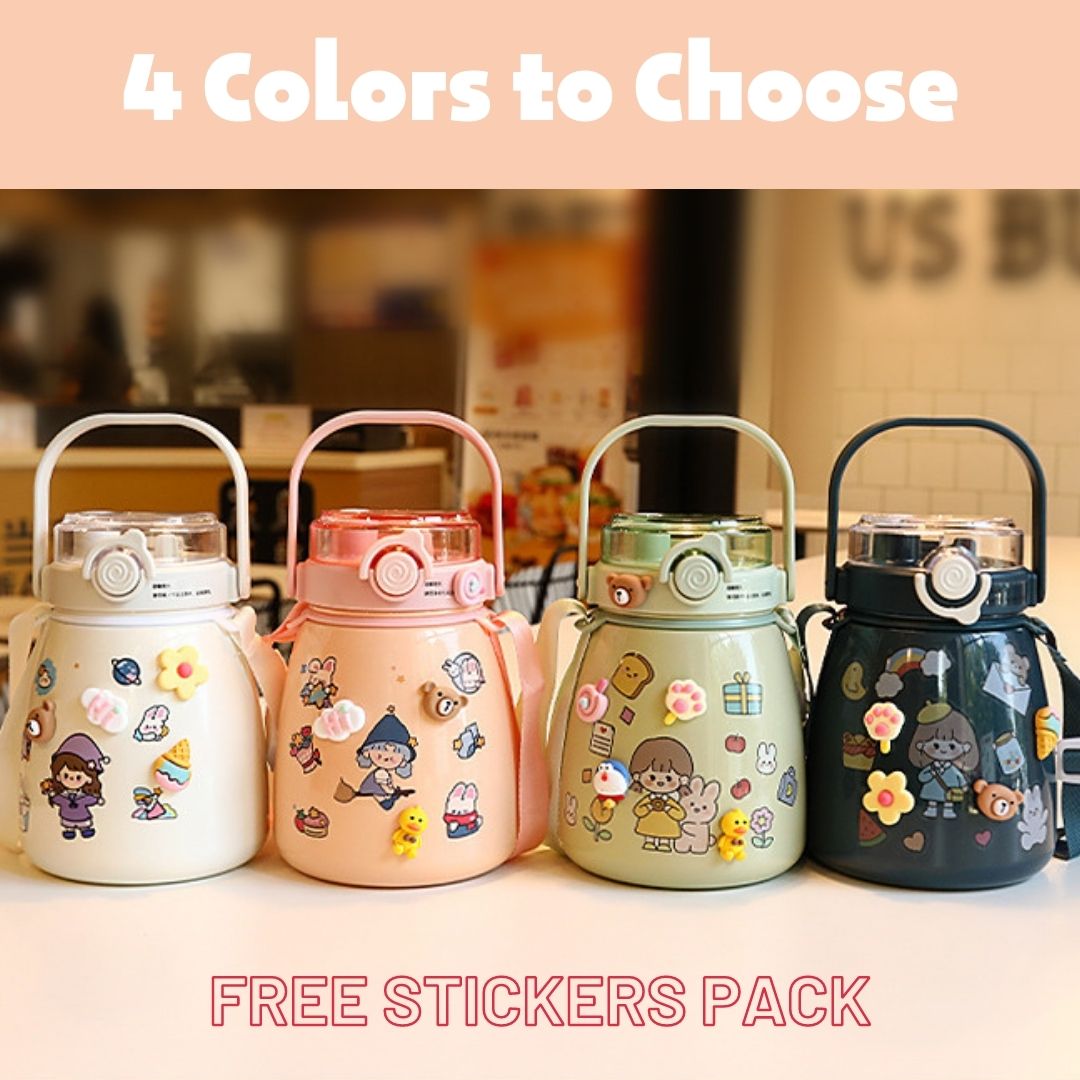 Drinkware: 1000ml Large Water Bottle Stainless Steel Straw Water Jug with FREE Sticker Packs (Pink)