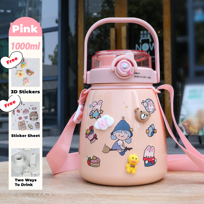 Drinkware: 1000ml Large Water Bottle Stainless Steel Straw Water Jug with FREE Sticker Packs (Pink)