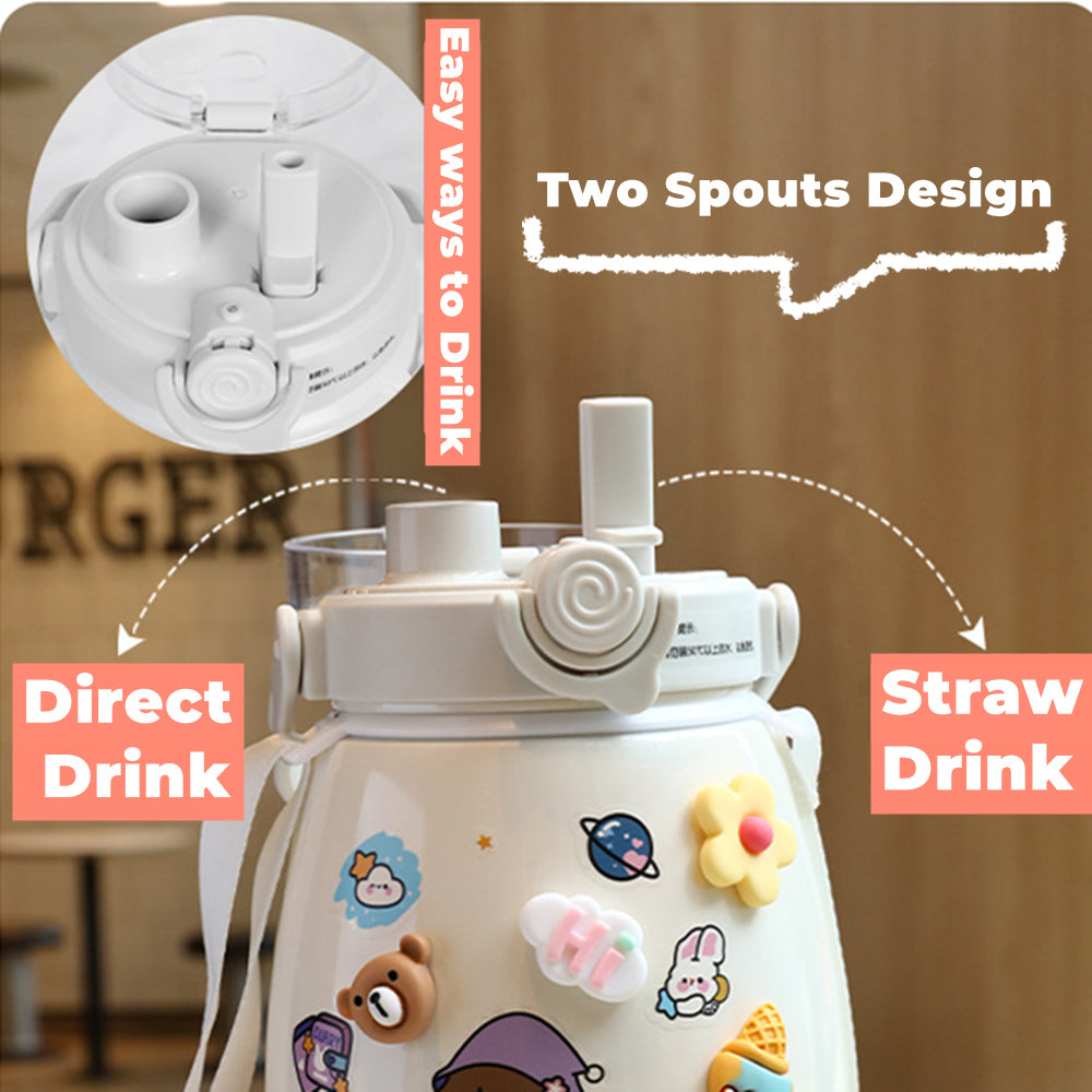 Drinkware: 1000ml Large Water Bottle Stainless Steel Straw Water Jug with FREE Sticker Packs (Pink)