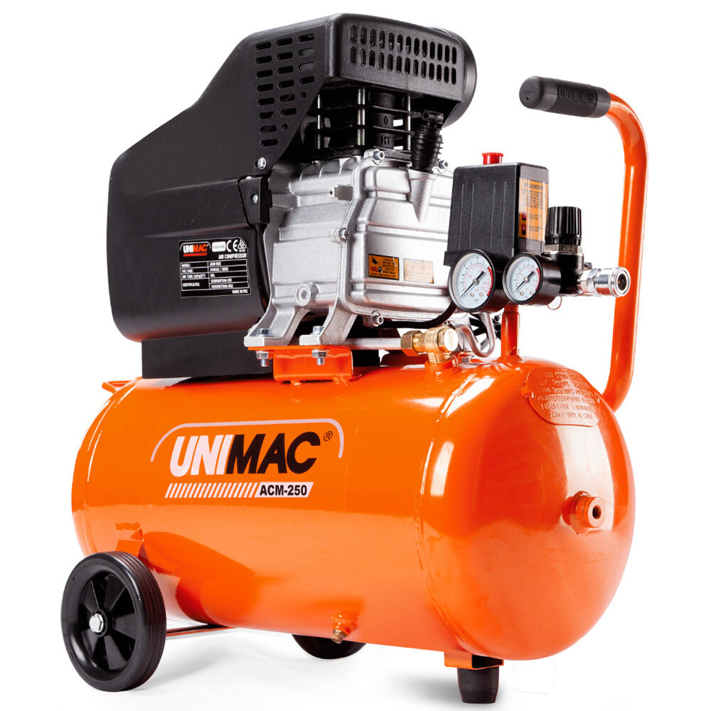 Automotive Cleaning: UNIMAC 24L 2.0HP Air Compressor, Direct Drive, 2 Couplers for Airtools Tyre Inflation, Portable, Electric