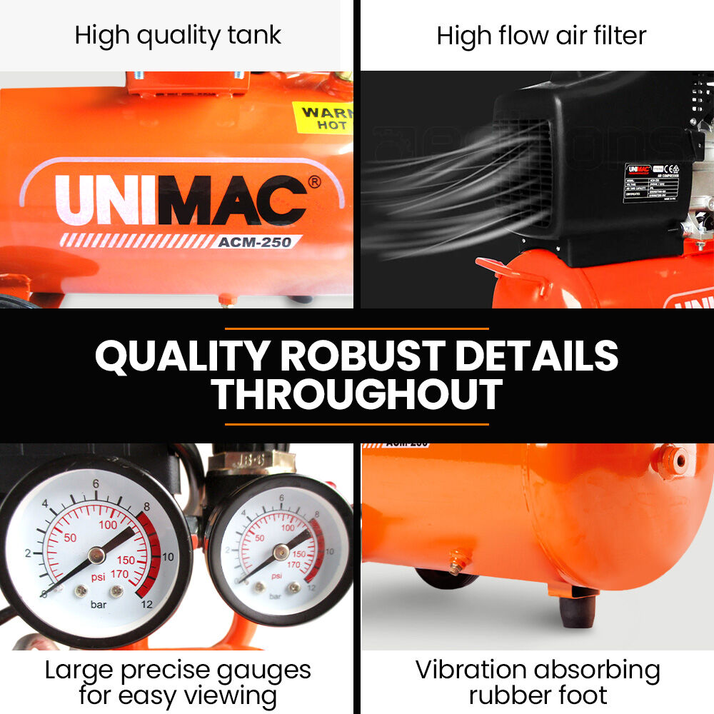 Automotive Cleaning: UNIMAC 24L 2.0HP Air Compressor, Direct Drive, 2 Couplers for Airtools Tyre Inflation, Portable, Electric
