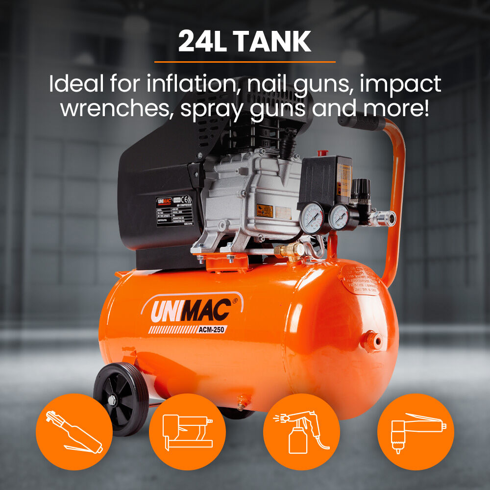 Automotive Cleaning: UNIMAC 24L 2.0HP Air Compressor, Direct Drive, 2 Couplers for Airtools Tyre Inflation, Portable, Electric