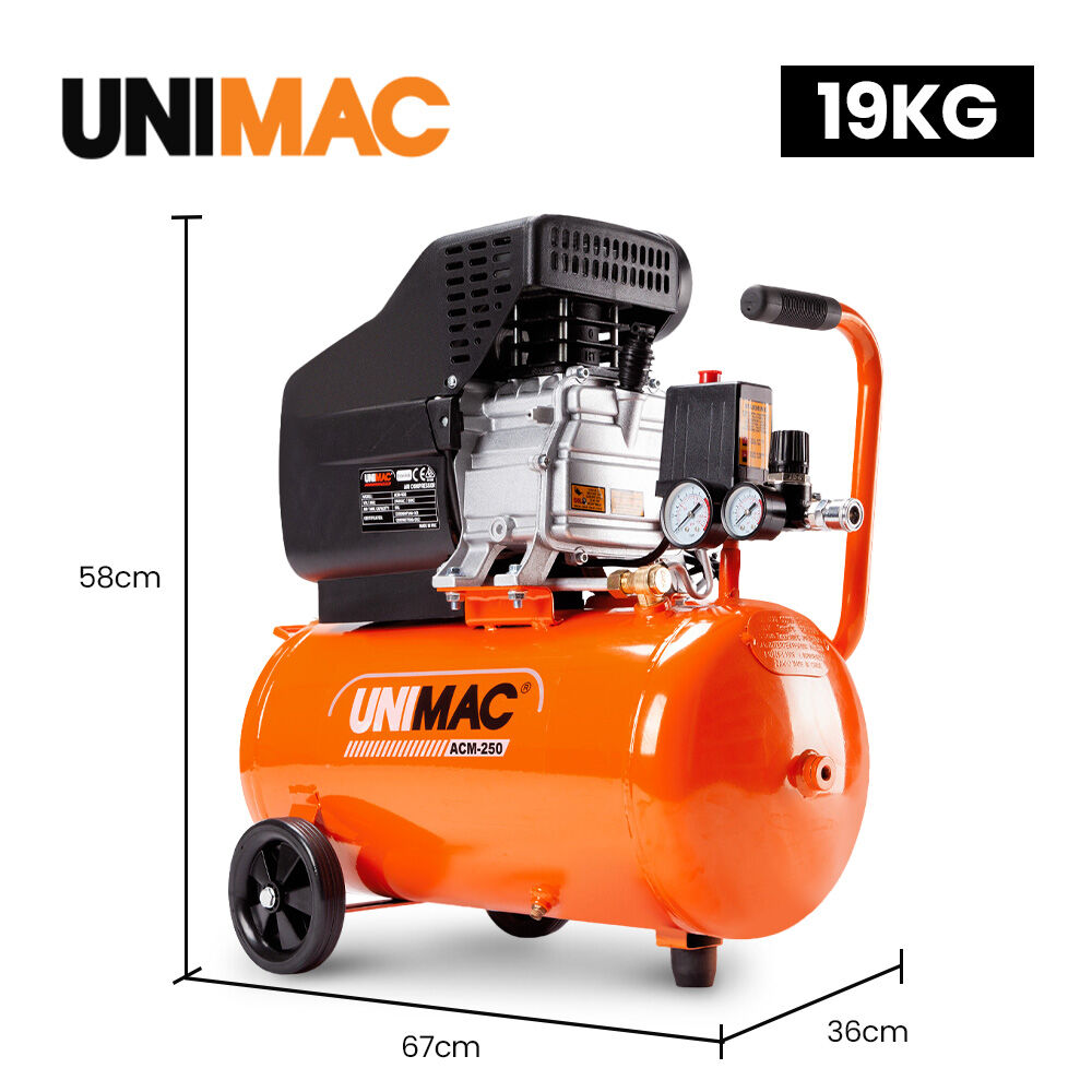 Automotive Cleaning: UNIMAC 24L 2.0HP Air Compressor, Direct Drive, 2 Couplers for Airtools Tyre Inflation, Portable, Electric
