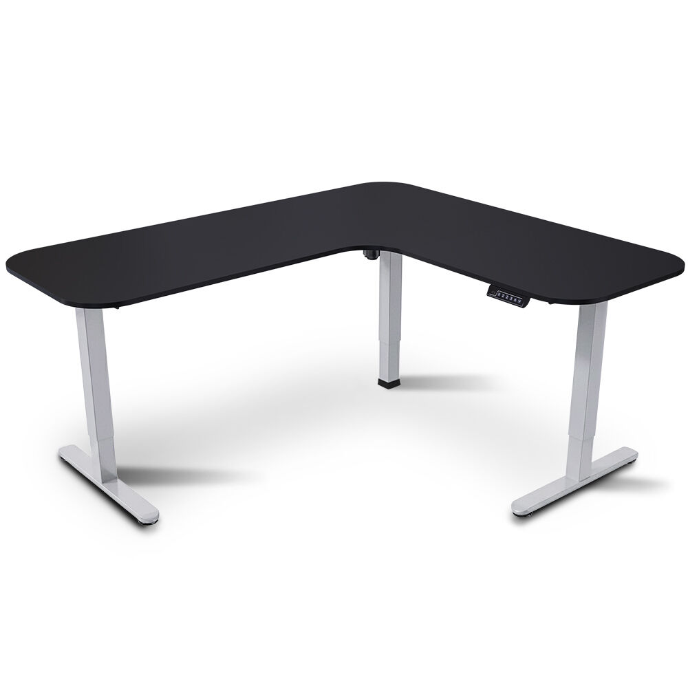 Desks: FORTIA Corner Standing Desk, 160x140cm, 72-118cm Sit to Stand Up Electric Height Adjustable, Black Desktop/Silver Frame