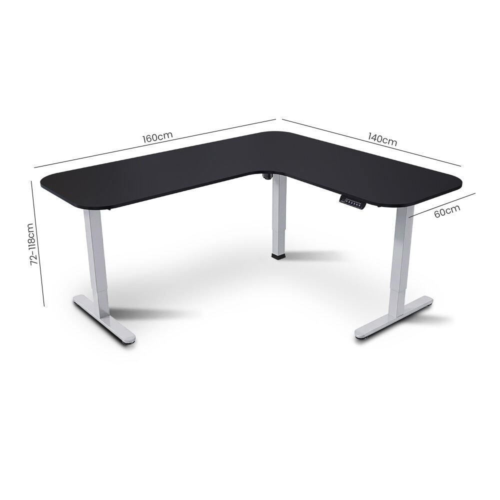 Desks: FORTIA Corner Standing Desk, 160x140cm, 72-118cm Sit to Stand Up Electric Height Adjustable, Black Desktop/Silver Frame