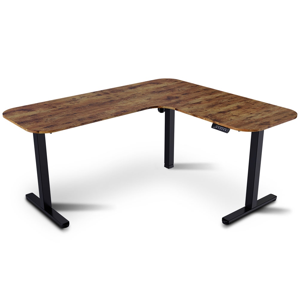 Desks: FORTIA Corner Standing Desk, 160x140cm, 72-118cm Sit to Stand Up Electric Height Adjustable, Walnut Style Desktop/Black Frame