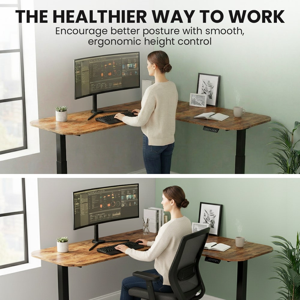 Desks: FORTIA Corner Standing Desk, 160x140cm, 72-118cm Sit to Stand Up Electric Height Adjustable, Walnut Style Desktop/Black Frame