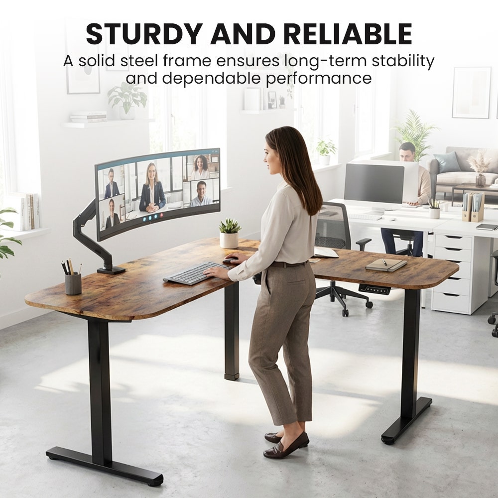 Desks: FORTIA Corner Standing Desk, 160x140cm, 72-118cm Sit to Stand Up Electric Height Adjustable, Walnut Style Desktop/Black Frame