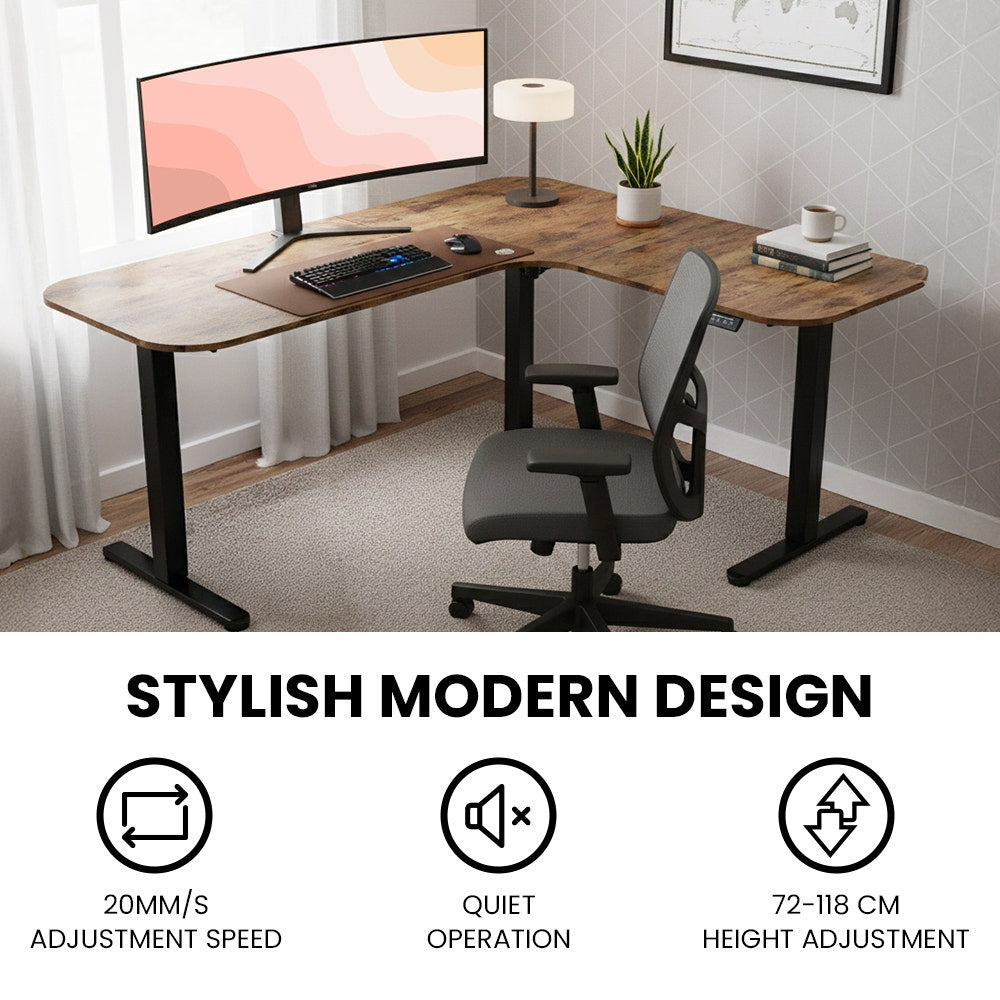 Desks: FORTIA Corner Standing Desk, 160x140cm, 72-118cm Sit to Stand Up Electric Height Adjustable, Walnut Style Desktop/Black Frame