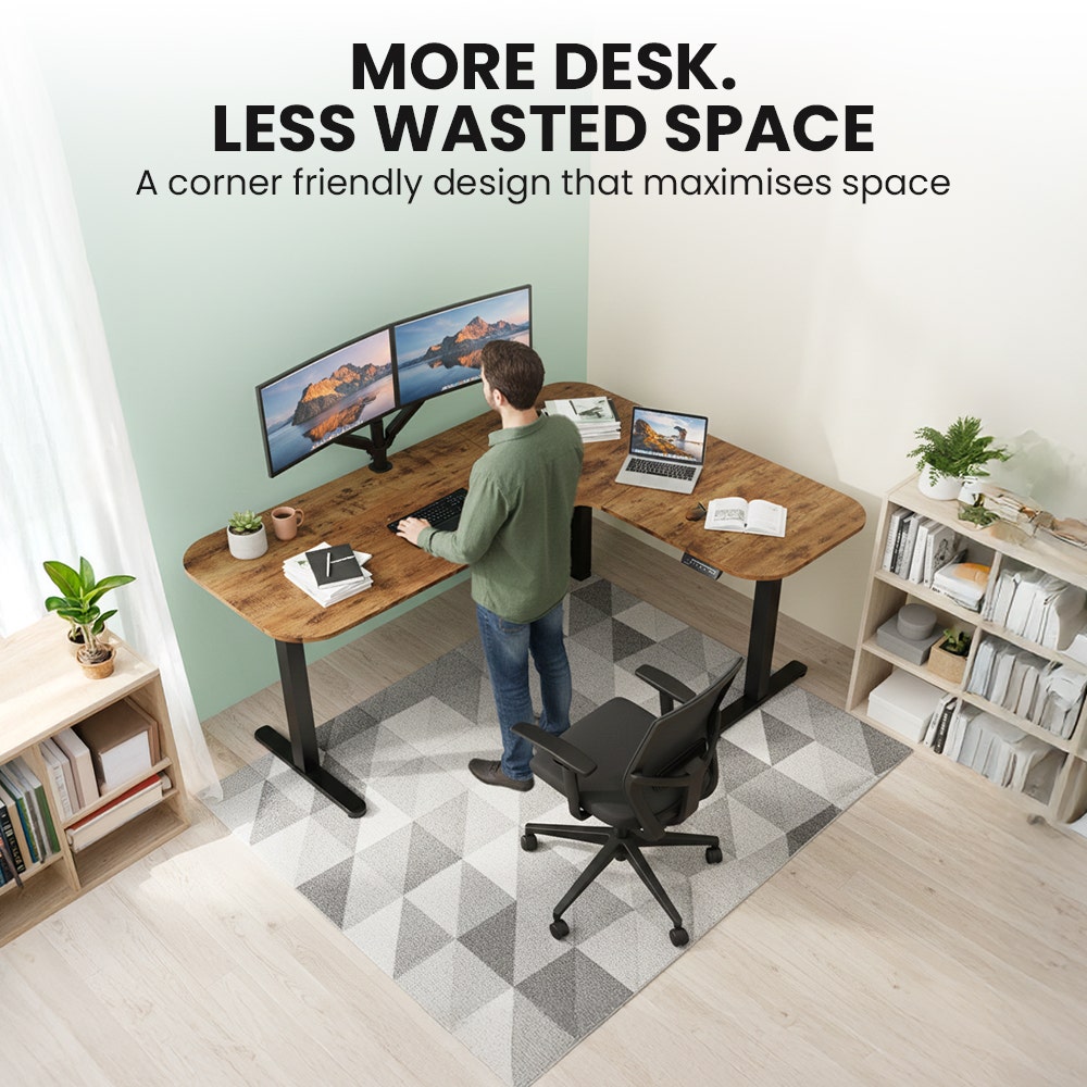 Desks: FORTIA Corner Standing Desk, 160x140cm, 72-118cm Sit to Stand Up Electric Height Adjustable, Walnut Style Desktop/Black Frame