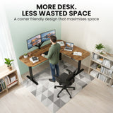 Desks: FORTIA Corner Standing Desk, 160x140cm, 72-118cm Sit to Stand Up Electric Height Adjustable, Walnut Style Desktop/Black Frame