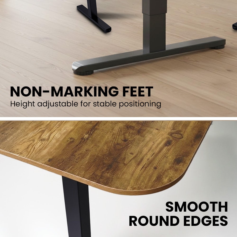 Desks: FORTIA Corner Standing Desk, 160x140cm, 72-118cm Sit to Stand Up Electric Height Adjustable, Walnut Style Desktop/Black Frame