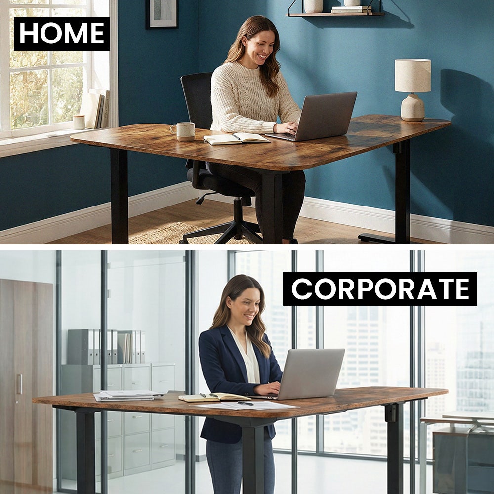 Desks: FORTIA Corner Standing Desk, 160x140cm, 72-118cm Sit to Stand Up Electric Height Adjustable, Walnut Style Desktop/Black Frame