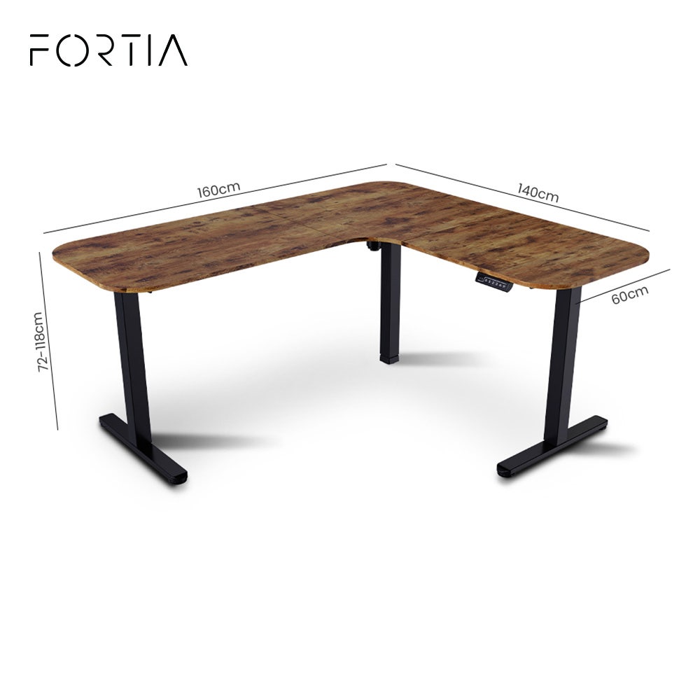Desks: FORTIA Corner Standing Desk, 160x140cm, 72-118cm Sit to Stand Up Electric Height Adjustable, Walnut Style Desktop/Black Frame