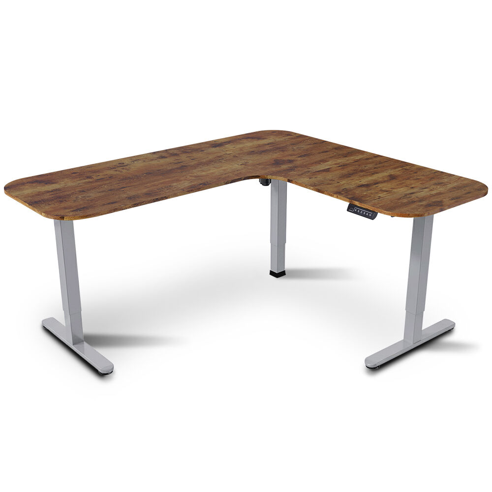Desks: FORTIA Corner Standing Desk, 160x140cm, 72-118cm Sit to Stand Up Electric Height Adjustable, Walnut Style Desktop/Silver Frame