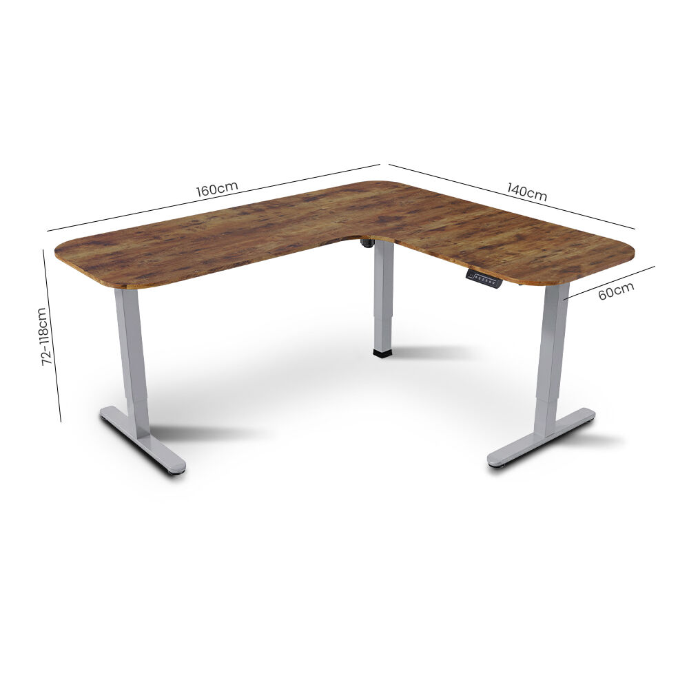 Desks: FORTIA Corner Standing Desk, 160x140cm, 72-118cm Sit to Stand Up Electric Height Adjustable, Walnut Style Desktop/Silver Frame