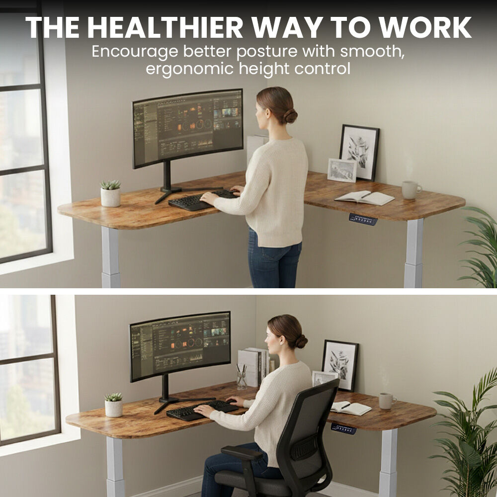 Desks: FORTIA Corner Standing Desk, 160x140cm, 72-118cm Sit to Stand Up Electric Height Adjustable, Walnut Style Desktop/Silver Frame