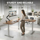 Desks: FORTIA Corner Standing Desk, 160x140cm, 72-118cm Sit to Stand Up Electric Height Adjustable, Walnut Style Desktop/Silver Frame