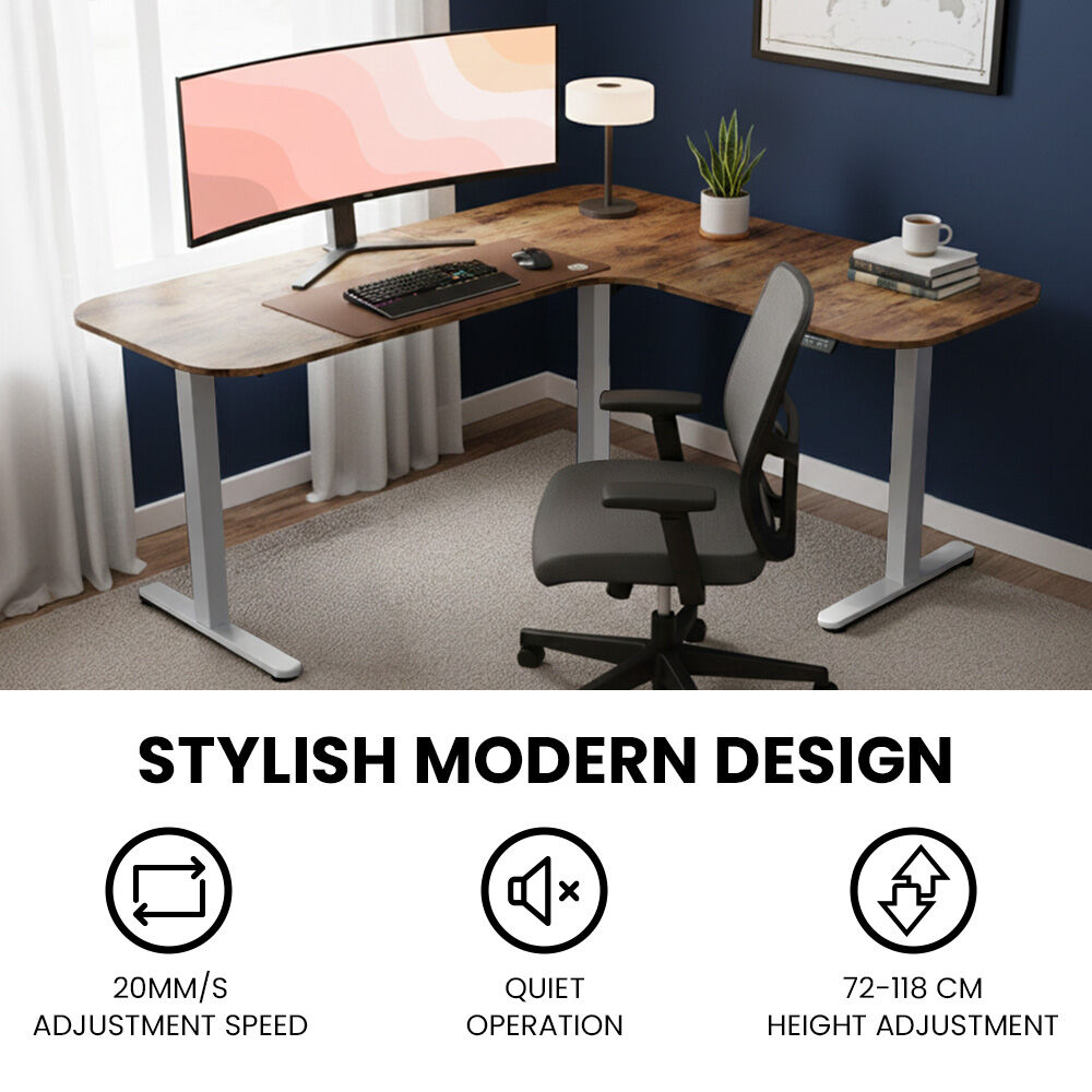 Desks: FORTIA Corner Standing Desk, 160x140cm, 72-118cm Sit to Stand Up Electric Height Adjustable, Walnut Style Desktop/Silver Frame