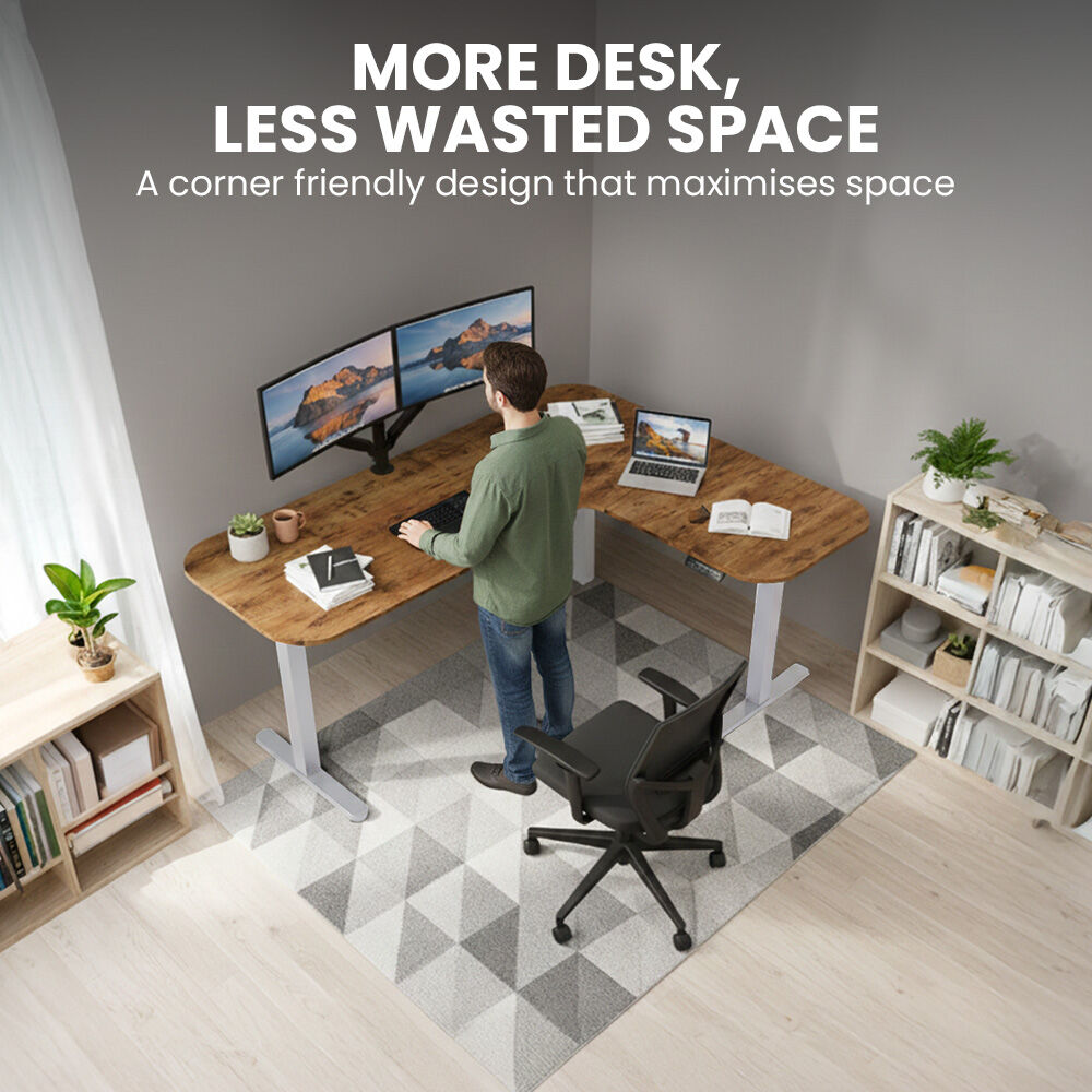 Desks: FORTIA Corner Standing Desk, 160x140cm, 72-118cm Sit to Stand Up Electric Height Adjustable, Walnut Style Desktop/Silver Frame