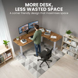 Desks: FORTIA Corner Standing Desk, 160x140cm, 72-118cm Sit to Stand Up Electric Height Adjustable, Walnut Style Desktop/Silver Frame