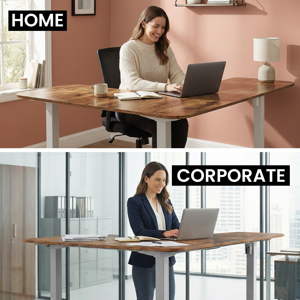 Desks: FORTIA Corner Standing Desk, 160x140cm, 72-118cm Sit to Stand Up Electric Height Adjustable, Walnut Style Desktop/Silver Frame