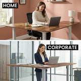 Desks: FORTIA Corner Standing Desk, 160x140cm, 72-118cm Sit to Stand Up Electric Height Adjustable, Walnut Style Desktop/Silver Frame