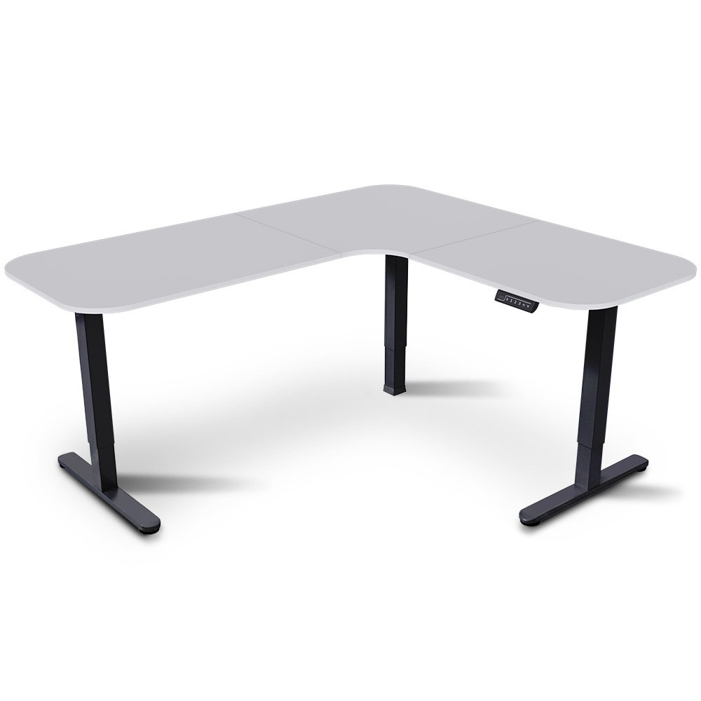 Desks: FORTIA Corner Standing Desk, 160x140cm, 72-118cm Sit to Stand Up Electric Height Adjustable, White Desktop/Black Frame