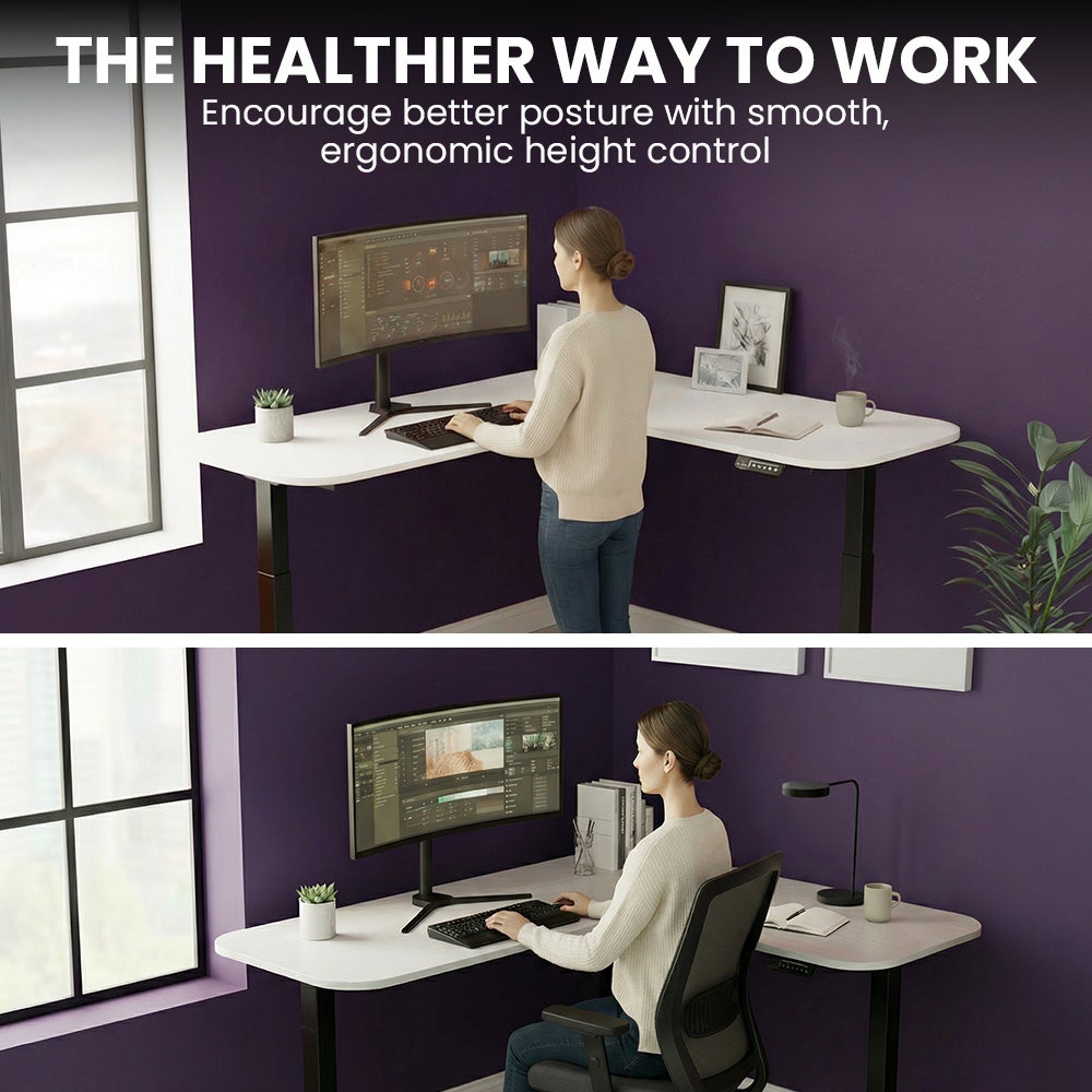 Desks: FORTIA Corner Standing Desk, 160x140cm, 72-118cm Sit to Stand Up Electric Height Adjustable, White Desktop/Black Frame