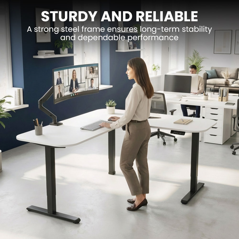Desks: FORTIA Corner Standing Desk, 160x140cm, 72-118cm Sit to Stand Up Electric Height Adjustable, White Desktop/Black Frame