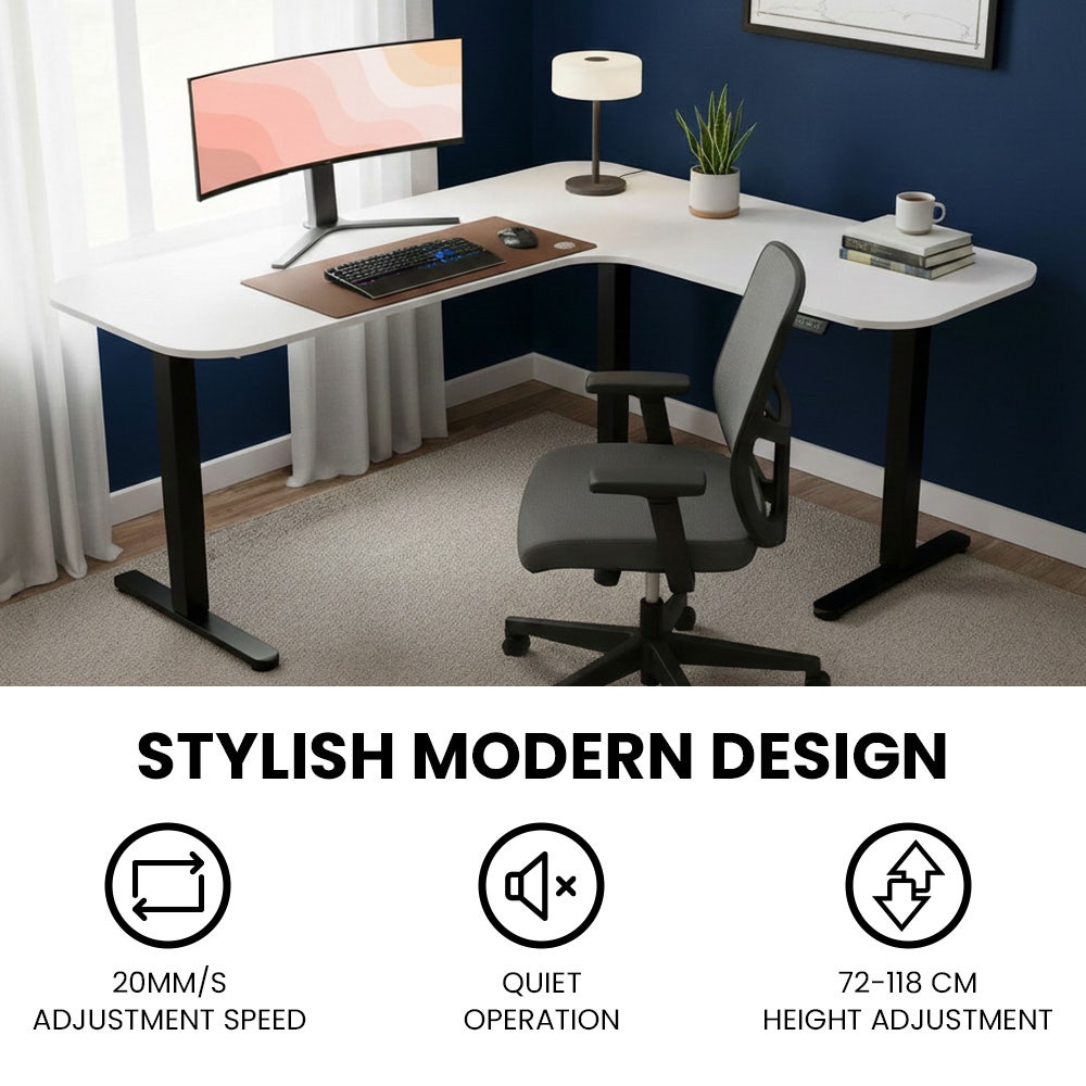 Desks: FORTIA Corner Standing Desk, 160x140cm, 72-118cm Sit to Stand Up Electric Height Adjustable, White Desktop/Black Frame