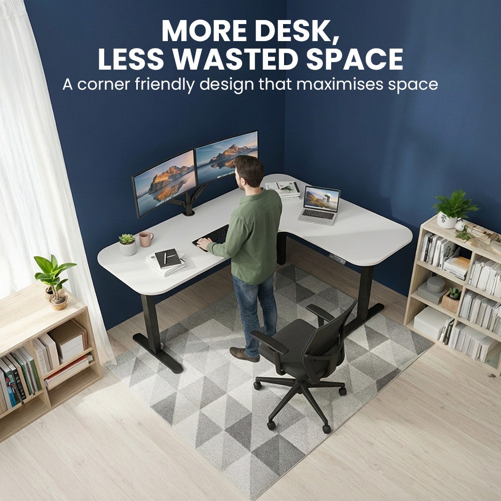 Desks: FORTIA Corner Standing Desk, 160x140cm, 72-118cm Sit to Stand Up Electric Height Adjustable, White Desktop/Black Frame