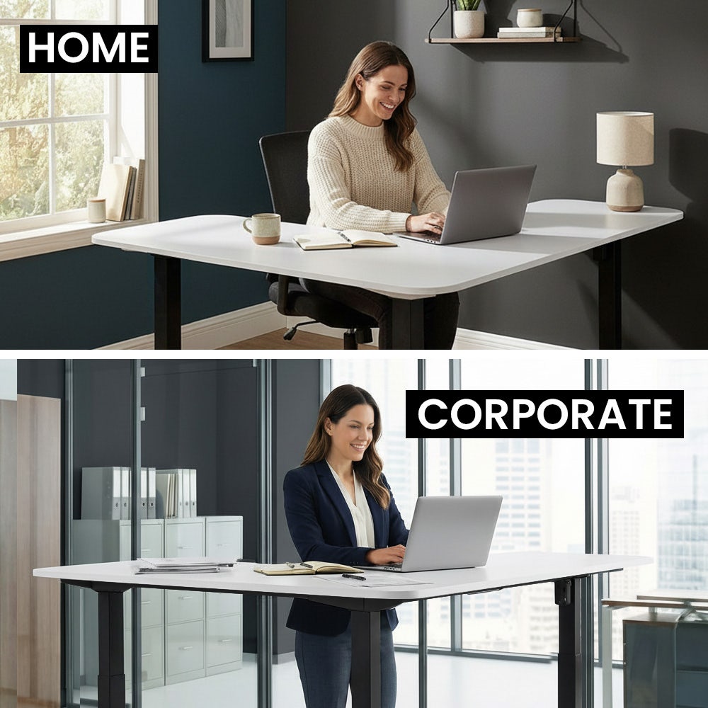 Desks: FORTIA Corner Standing Desk, 160x140cm, 72-118cm Sit to Stand Up Electric Height Adjustable, White Desktop/Black Frame